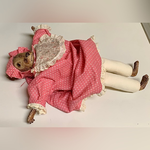 Vintage Artisan Hand Crafted Female Baby Doll Pink Dress Rabbit Head Baroque - Picture 9 of 15